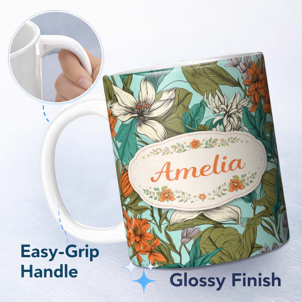 Personalized Custom Name Tropical Floral Leaves Blue Background Seamless Pattern Lovely 11oz Ceramic Coffee Tea Mug White Large Handle