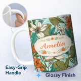 Personalized Custom Name Tropical Floral Leaves Blue Background Seamless Pattern Lovely 11oz Ceramic Coffee Tea Mug White Large Handle