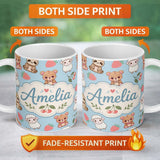 Personalized Custom Name Cute Cute Baby Animals Bear Sheep Sloth Strawberry Cherry Blue 11oz Ceramic Coffee Tea Mug White Large Handle