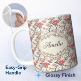 Personalized Custom Name Red Blossom Oriental Floral Branch Seamless Pattern Cute Unique Gift 11oz Ceramic Coffee Tea Mug White Large Handle