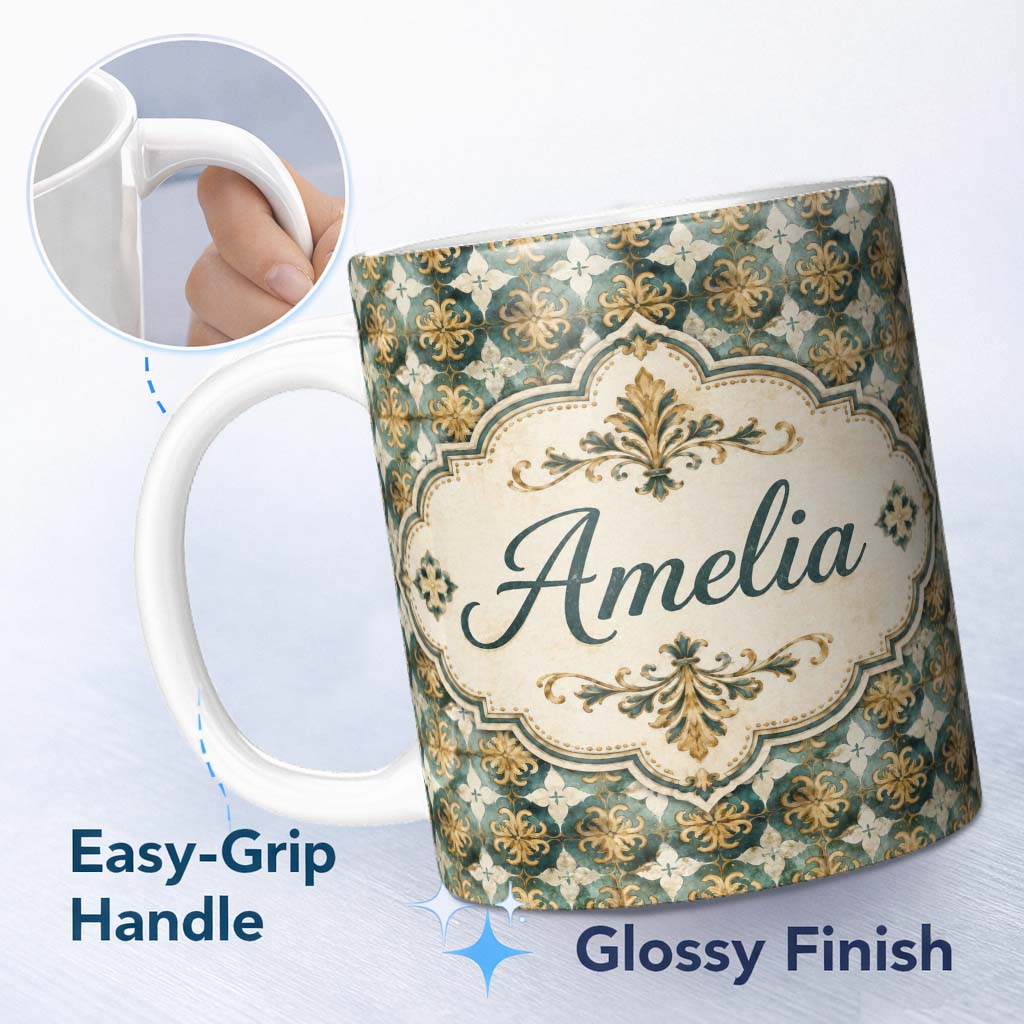 Personalized Custom Name Distressed Blue and Rust Vintage Tile Pattern with Ornamental Lovely 11oz Ceramic Coffee Tea Mug White Large Handle
