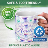 Personalized Custom Name Soft Watercolor Jellyfish in Pastel Purple and Aqua Seamless Marine 11oz Ceramic Coffee Tea Mug White Large Handle