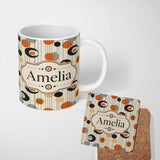 Personalized Custom Name Abstract Black Orange Mid Century Atomic Shapes Seamless Pattern 11oz Ceramic Coffee Tea Mug White Large Handle