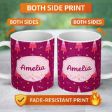 Personalized Custom Name Dark Pink Christmas Trees Stars Lights Festive Seamless Pattern 11oz Ceramic Coffee Tea Mug White Large Handle
