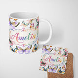 Personalized Custom Name Colorful Watercolor Butterflies on White Background Seamless 11oz Ceramic Coffee Tea Mug White Large Handle