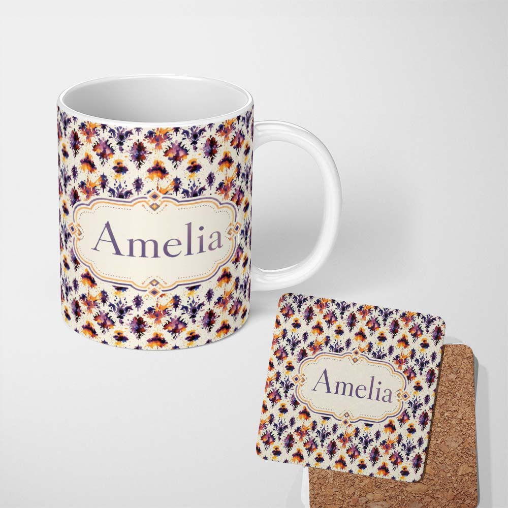 Personalized Custom Name Abstract Watercolor Ink Blot Artistic Splash Seamless Pattern Lovely 11oz Ceramic Coffee Tea Mug White Large Handle