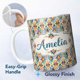 Personalized Custom Name Colorful Diamond Aztec Tribal Watercolor Seamless Pattern Design 11oz Ceramic Coffee Tea Mug White Large Handle