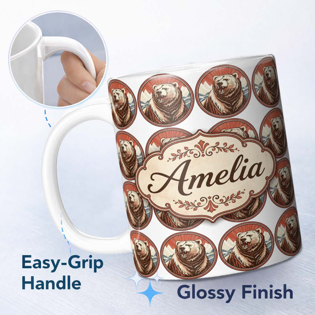 Personalized Custom Name Roaring Bear Portrait with Mountain Scene Seamless Pattern Lovely 11oz Ceramic Coffee Tea Mug White Large Handle