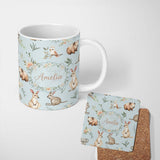 Personalized Custom Name Woodland Animals Koala Kangaroo Bear Floral Dusty Blue Seamless 11oz Ceramic Coffee Tea Mug White Large Handle