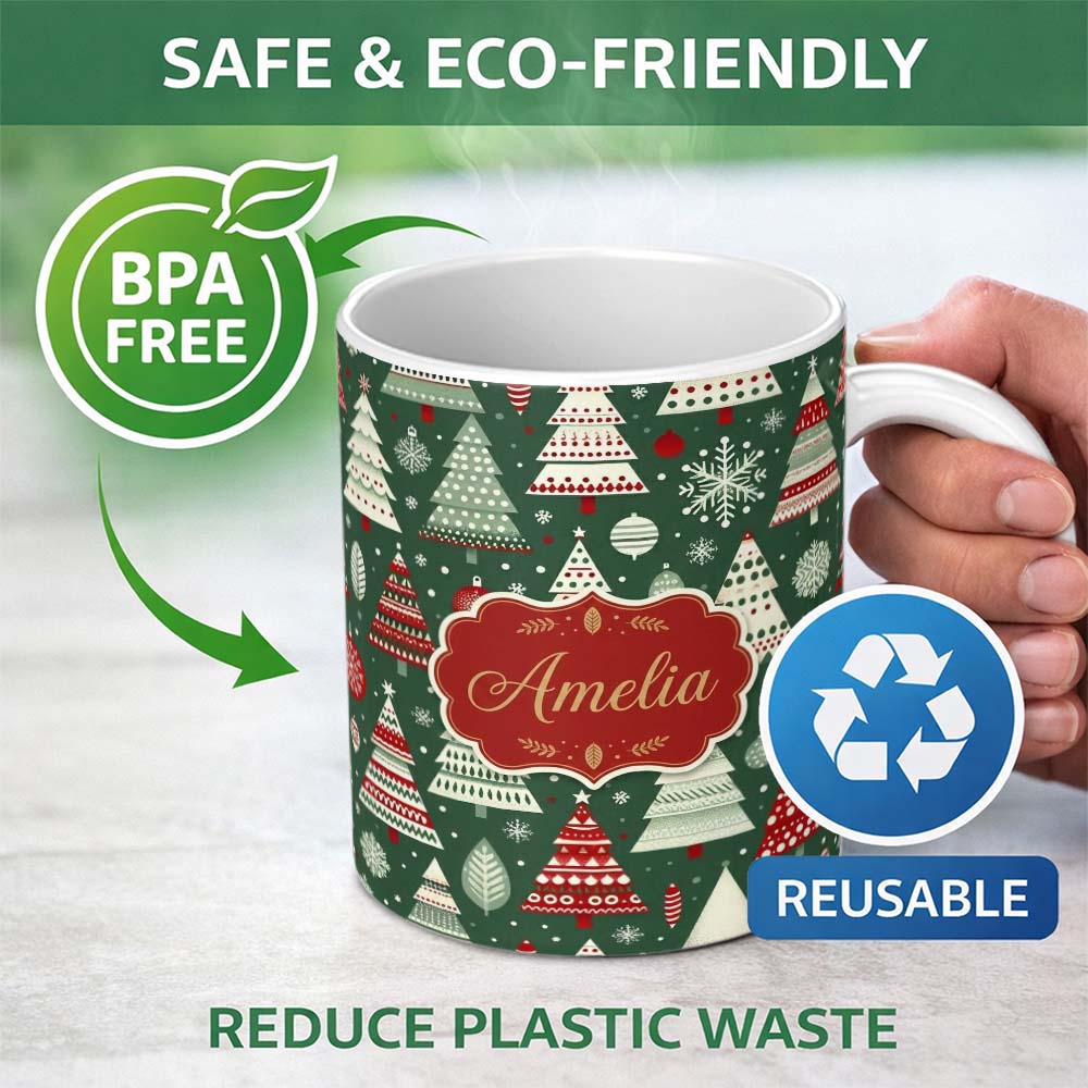 Personalized Custom Name Nordic Holiday Trees with Ornaments Snowflakes and Red Green Decor 11oz Ceramic Coffee Tea Mug White Large Handle