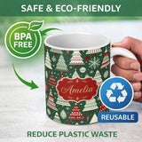 Personalized Custom Name Nordic Holiday Trees with Ornaments Snowflakes and Red Green Decor 11oz Ceramic Coffee Tea Mug White Large Handle