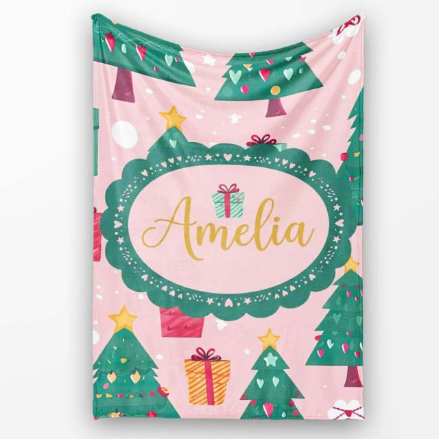 Cute Christmas Tree Gift Box Festive Seamless Pattern Lovely  Personalised Custom Name Super Soft Fleece Blanket Bed Sofa Throw