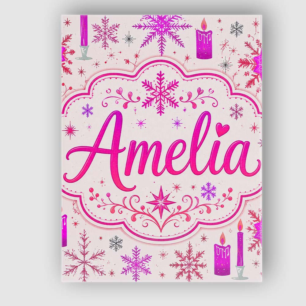 Personalised Name Pink Candle Snowflake Custom  Modern Room Accent Elegant Feature Canvas Wall Art Print Decor Picture Ready to Hang