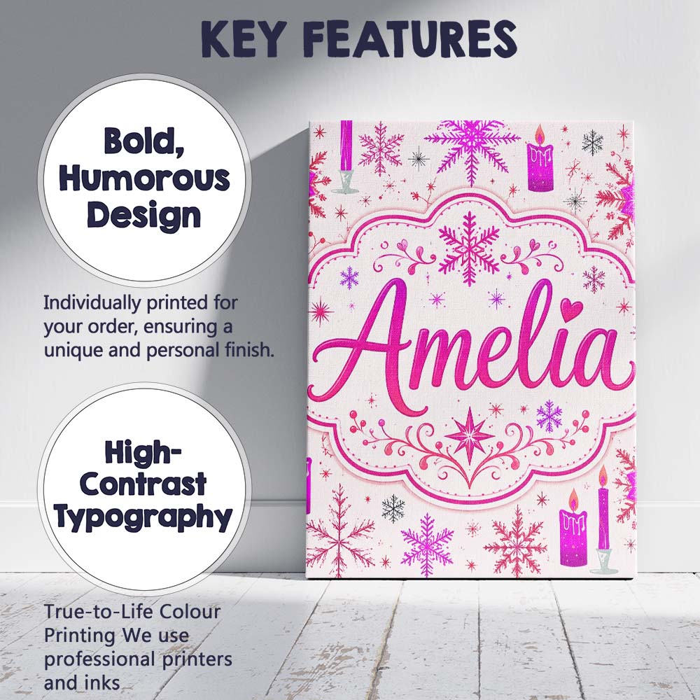 Personalised Name Pink Candle Snowflake Custom  Modern Room Accent Elegant Feature Canvas Wall Art Print Decor Picture Ready to Hang