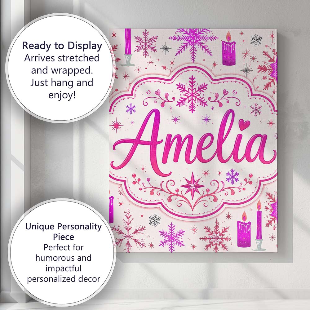 Personalised Name Pink Candle Snowflake Custom  Modern Room Accent Elegant Feature Canvas Wall Art Print Decor Picture Ready to Hang