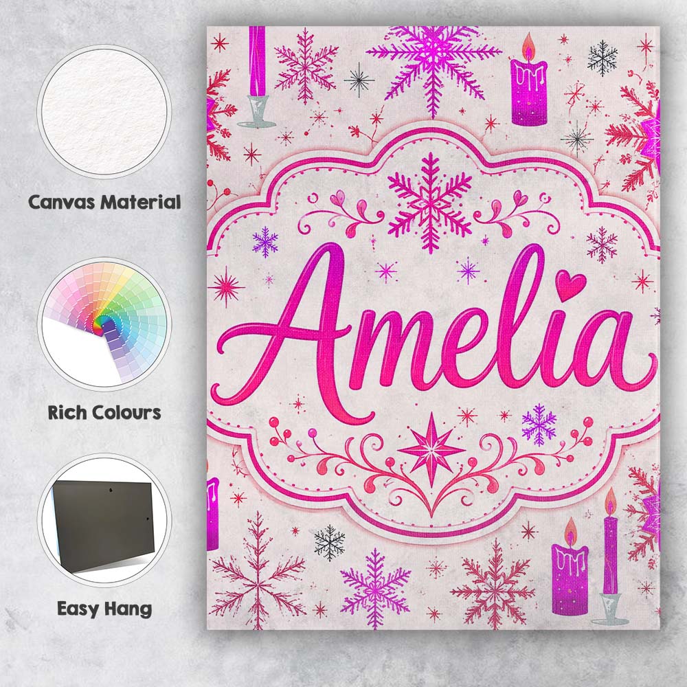 Personalised Name Pink Candle Snowflake Custom  Modern Room Accent Elegant Feature Canvas Wall Art Print Decor Picture Ready to Hang