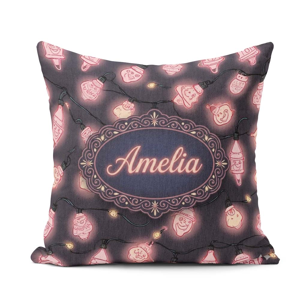 Custom Name Christmas Light Bulbs Festive Glow Seamless Pattern Square Filled Cushion Throw Pillow Sofa Bed Home Decor Zip Washable UK Made