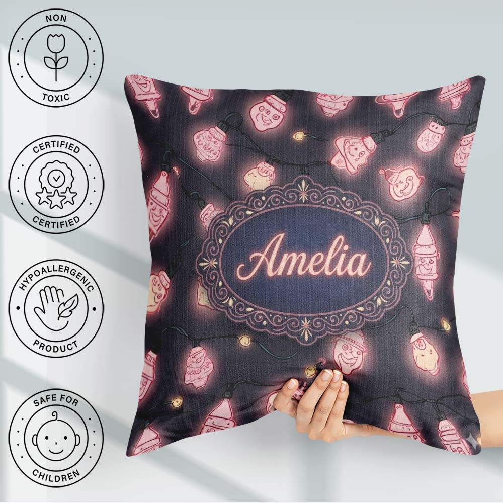 Custom Name Christmas Light Bulbs Festive Glow Seamless Pattern Square Filled Cushion Throw Pillow Sofa Bed Home Decor Zip Washable UK Made