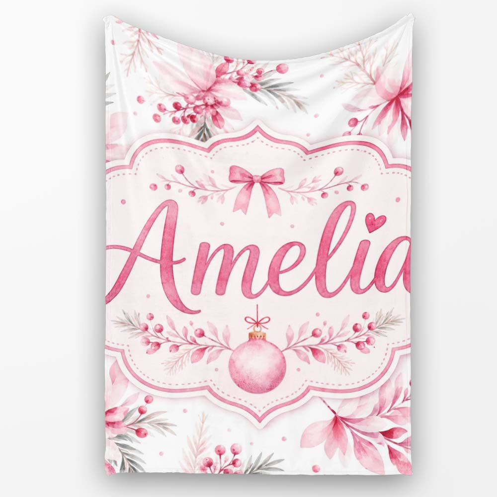 Elegant Pink Floral Christmas Bauble Watercolor Seamless Pattern  Personalised Custom Name Super Soft Fleece Blanket Bed Sofa Throw
