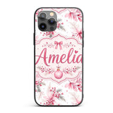 Elegant Pink Floral Christmas Bauble Watercolor Custom Name Protective Phone Case Mobile Cover Durable Everyday Smartphone Shock Resistant