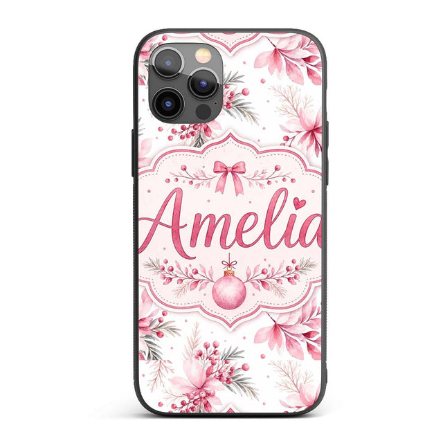 Elegant Pink Floral Christmas Bauble Watercolor Custom Name Protective Phone Case Mobile Cover Durable Everyday Smartphone Shock Resistant