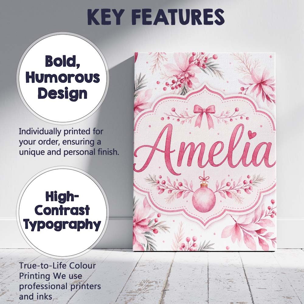 Personalised Name Elegant Pink Floral Custom Modern Room Accent Creative Decorator Style Canvas Wall Art Print Decor Picture Ready to Hang