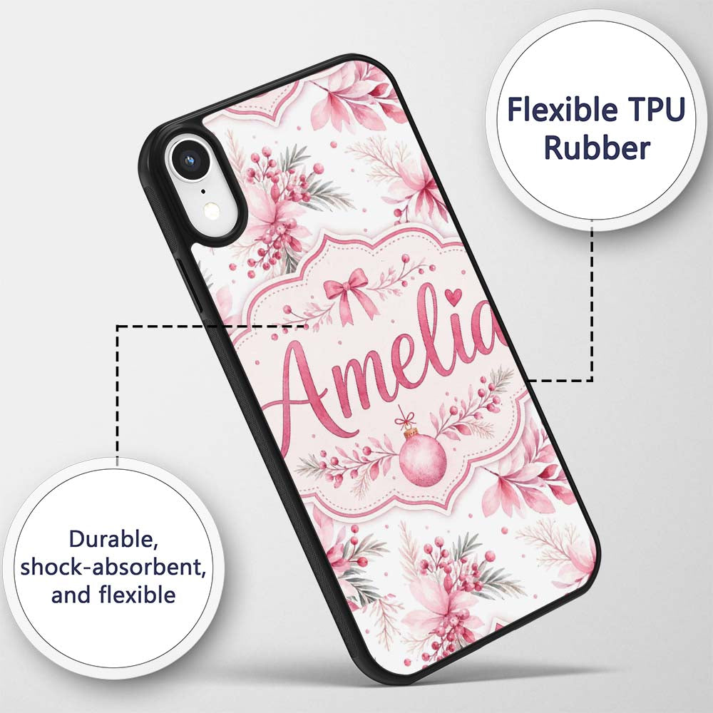Elegant Pink Floral Christmas Bauble Watercolor Custom Name Protective Phone Case Mobile Cover Durable Everyday Smartphone Shock Resistant