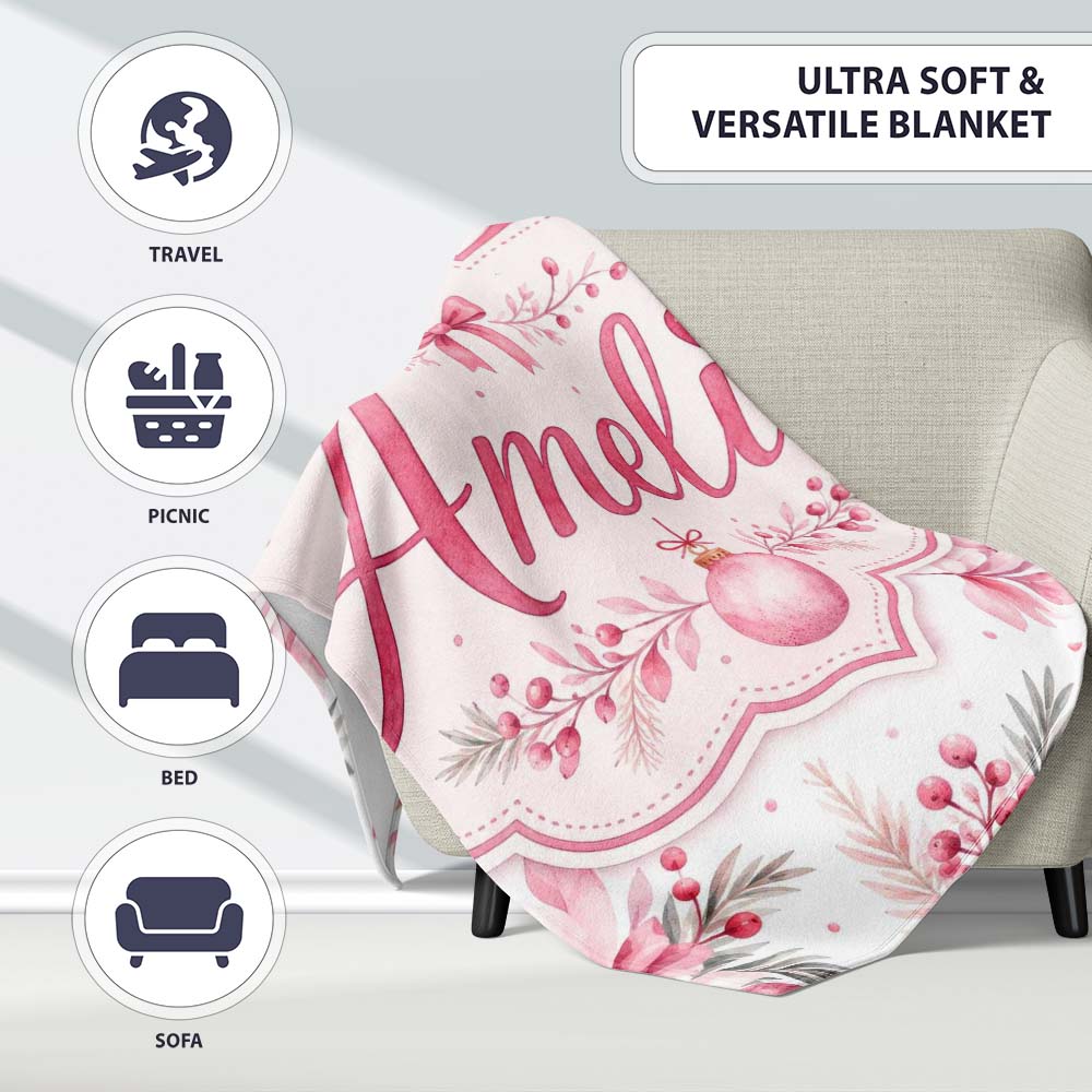 Elegant Pink Floral Christmas Bauble Watercolor Seamless Pattern  Personalised Custom Name Super Soft Fleece Blanket Bed Sofa Throw