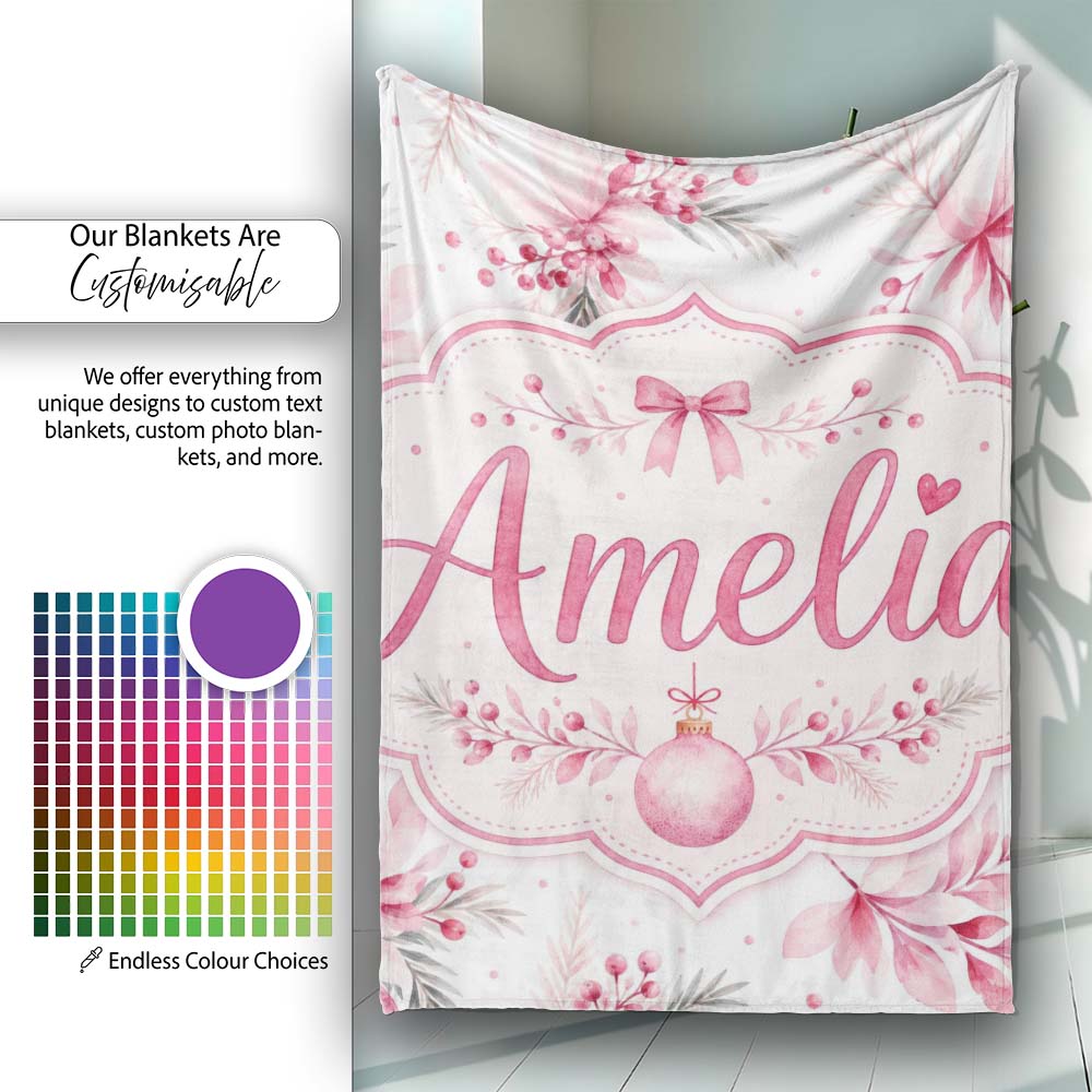 Elegant Pink Floral Christmas Bauble Watercolor Seamless Pattern  Personalised Custom Name Super Soft Fleece Blanket Bed Sofa Throw
