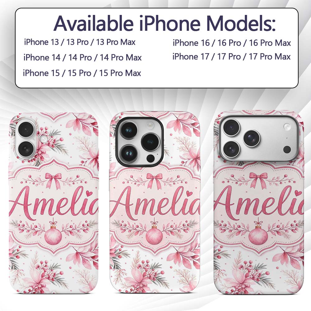 Elegant Pink Floral Christmas Bauble Watercolor Custom Name Protective Phone Case Mobile Cover Durable Everyday Smartphone Shock Resistant