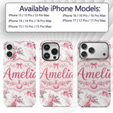 Elegant Pink Floral Christmas Bauble Watercolor Custom Name Protective Phone Case Mobile Cover Durable Everyday Smartphone Shock Resistant