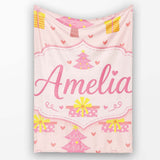 Cute Pink Christmas Tree Gift Hearts Seamless Pattern Lovely  Personalised Custom Name Super Soft Fleece Blanket Bed Sofa Throw