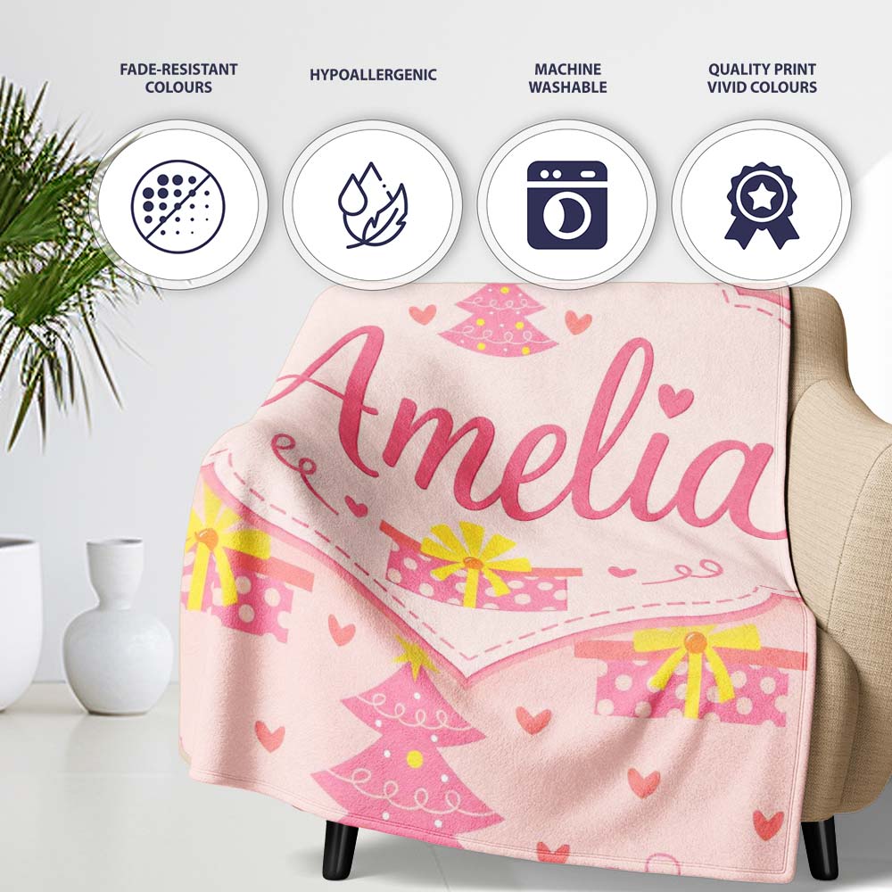 Cute Pink Christmas Tree Gift Hearts Seamless Pattern Lovely  Personalised Custom Name Super Soft Fleece Blanket Bed Sofa Throw