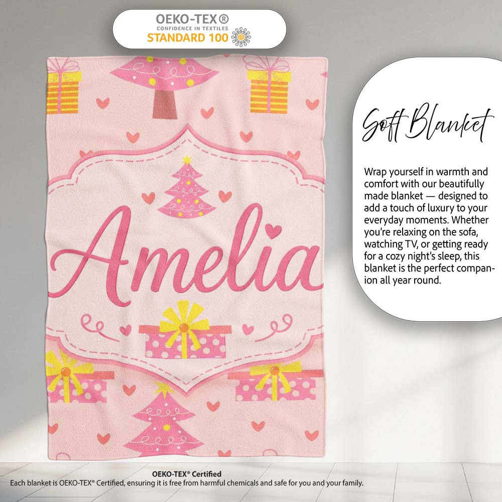 Cute Pink Christmas Tree Gift Hearts Seamless Pattern Lovely  Personalised Custom Name Super Soft Fleece Blanket Bed Sofa Throw