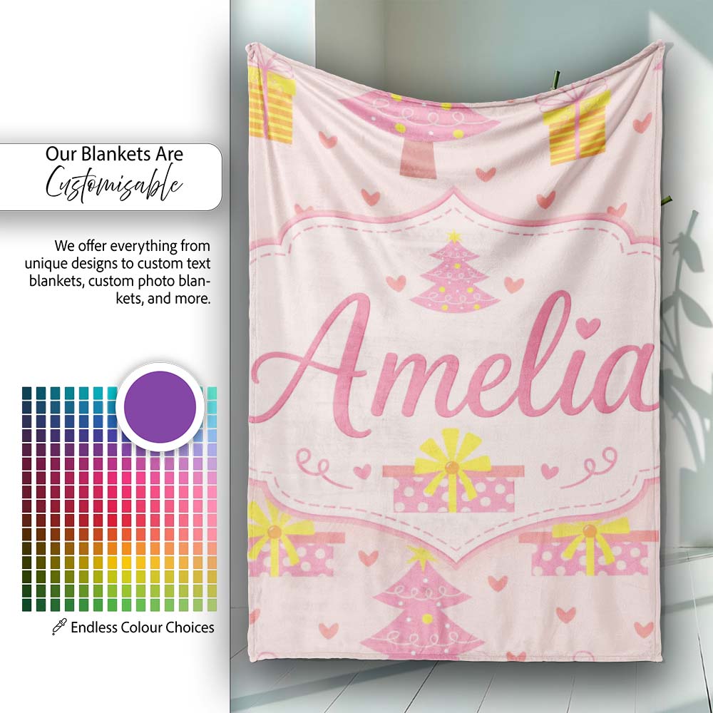 Cute Pink Christmas Tree Gift Hearts Seamless Pattern Lovely  Personalised Custom Name Super Soft Fleece Blanket Bed Sofa Throw