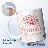 Personalized Custom Name Cute Watercolor Roses Bouquet with Red Ribbon Light Grey Background 11oz Ceramic Coffee Tea Mug White Large Handle