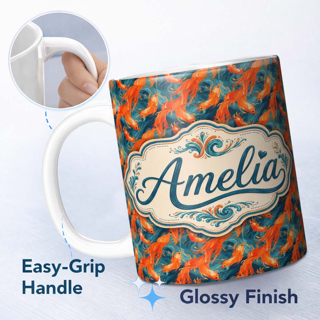 Personalized Custom Name Cute Painterly Orange Shrimp with Flowing Ocean Waves Seamless 11oz Ceramic Coffee Tea Mug White Large Handle