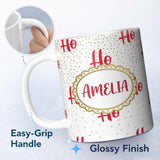 Personalized Custom Name Festive Ho Ho Ho Red Typography Gold Polka Dot Seamless Pattern 11oz Ceramic Coffee Tea Mug White Large Handle