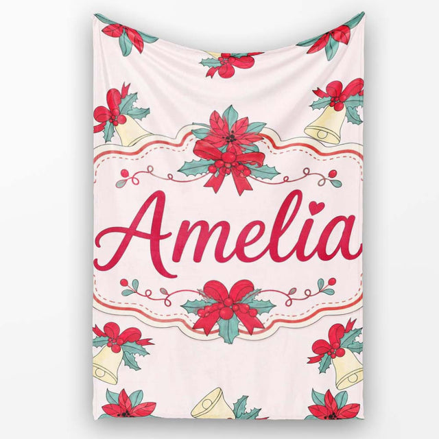 Poinsettia Flower Bell Holly Christmas Seamless Pattern Lovely  Personalised Custom Name Super Soft Fleece Blanket Bed Sofa Throw