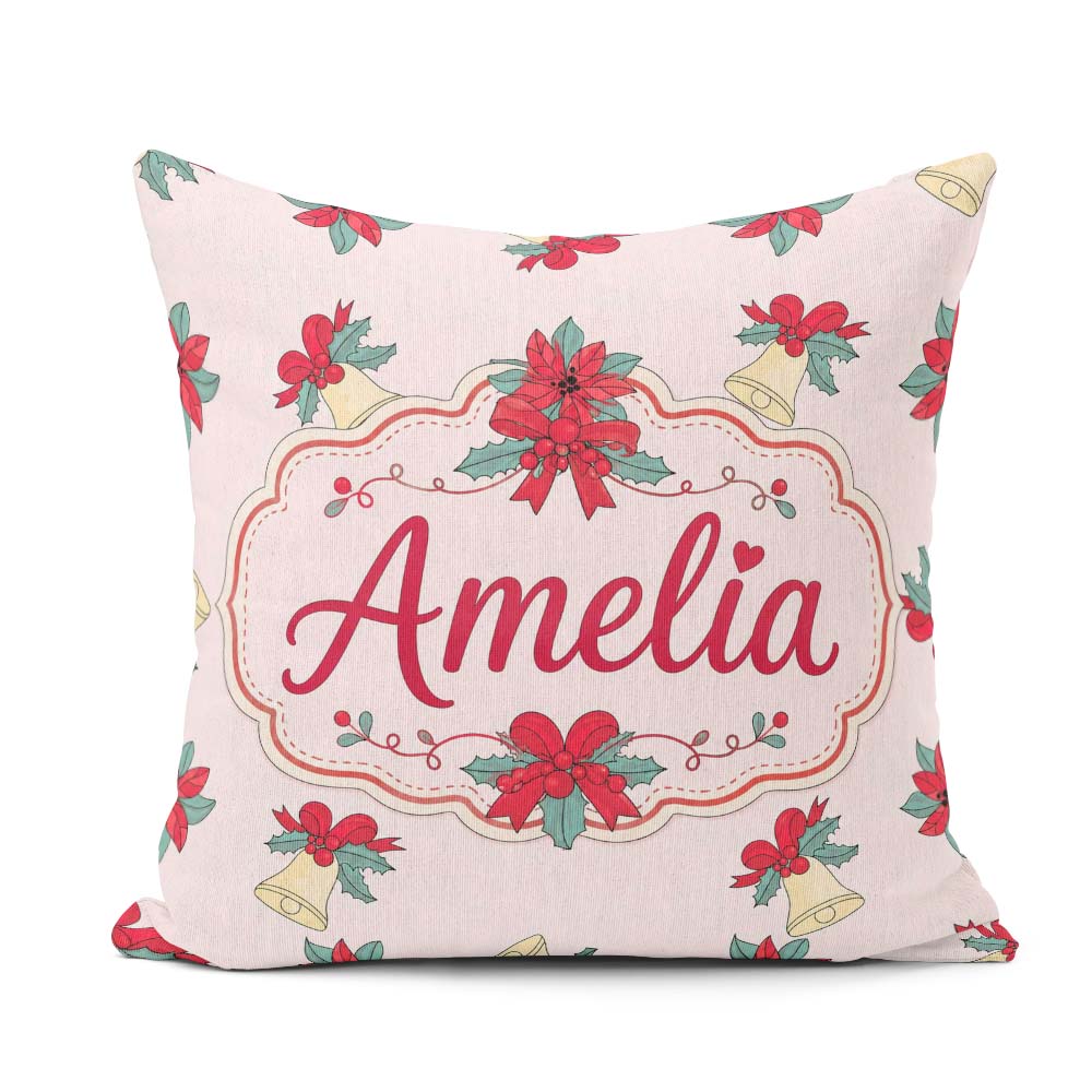 Custom Name Poinsettia Flower Bell Holly Seamless Pattern Lovely Square Filled Cushion Throw Pillow Sofa Bed Home Decor Zip Washable UK Made
