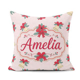 Custom Name Poinsettia Flower Bell Holly Seamless Pattern Lovely Square Filled Cushion Throw Pillow Sofa Bed Home Decor Zip Washable UK Made
