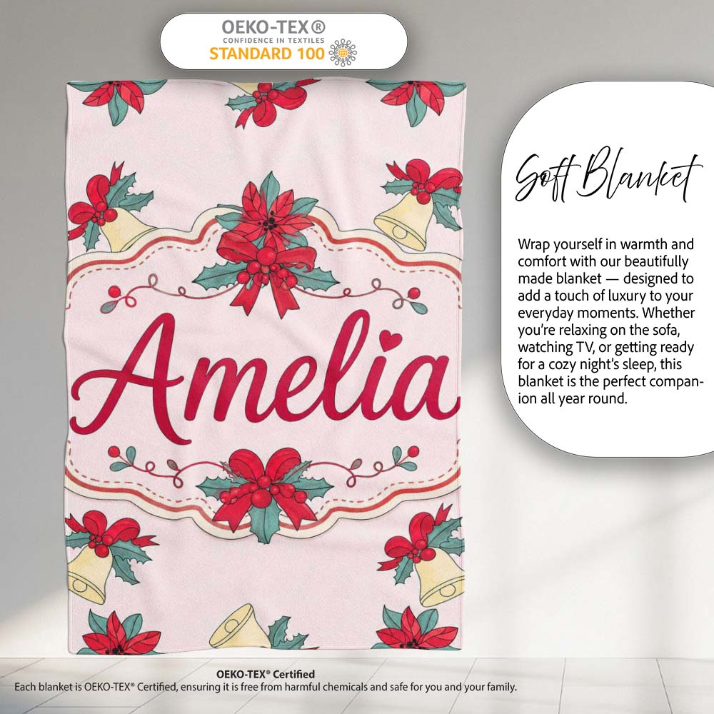 Poinsettia Flower Bell Holly Christmas Seamless Pattern Lovely  Personalised Custom Name Super Soft Fleece Blanket Bed Sofa Throw