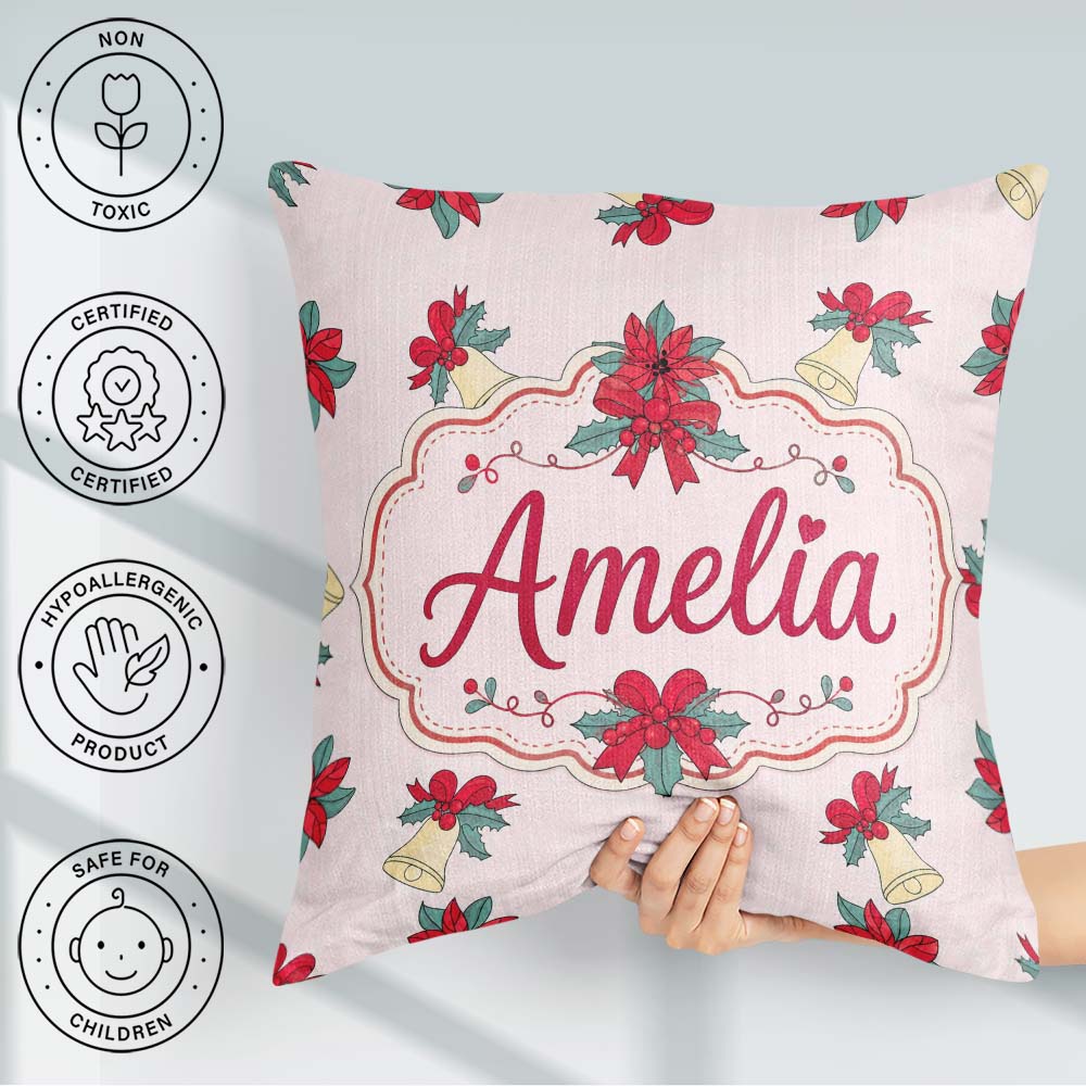 Custom Name Poinsettia Flower Bell Holly Seamless Pattern Lovely Square Filled Cushion Throw Pillow Sofa Bed Home Decor Zip Washable UK Made