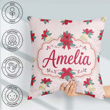 Custom Name Poinsettia Flower Bell Holly Seamless Pattern Lovely Square Filled Cushion Throw Pillow Sofa Bed Home Decor Zip Washable UK Made