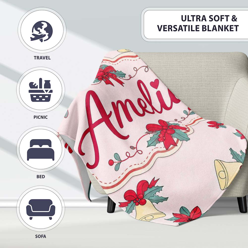 Poinsettia Flower Bell Holly Christmas Seamless Pattern Lovely  Personalised Custom Name Super Soft Fleece Blanket Bed Sofa Throw