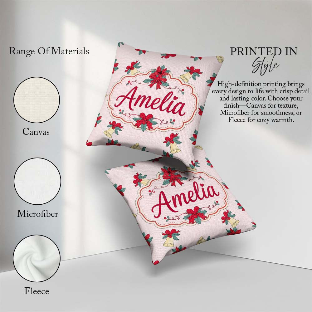 Custom Name Poinsettia Flower Bell Holly Seamless Pattern Lovely Square Filled Cushion Throw Pillow Sofa Bed Home Decor Zip Washable UK Made