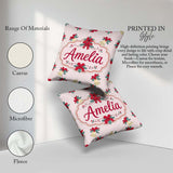 Custom Name Poinsettia Flower Bell Holly Seamless Pattern Lovely Square Filled Cushion Throw Pillow Sofa Bed Home Decor Zip Washable UK Made