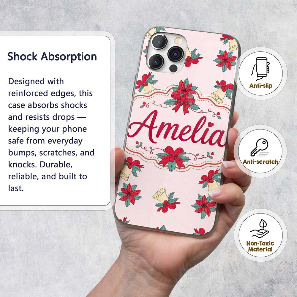 Poinsettia Flower Bell Holly Christmas Seamless Custom Name Protective Phone Case Mobile Cover Durable Everyday Smartphone Shock Resistant