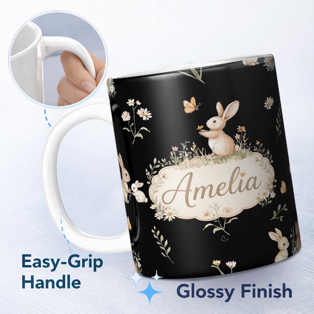 Personalized Custom Name Bunny Rabbits Flowers Butterflies Meadow Soft White Seamless 11oz Ceramic Coffee Tea Mug White Large Handle
