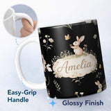 Personalized Custom Name Bunny Rabbits Flowers Butterflies Meadow Soft White Seamless 11oz Ceramic Coffee Tea Mug White Large Handle